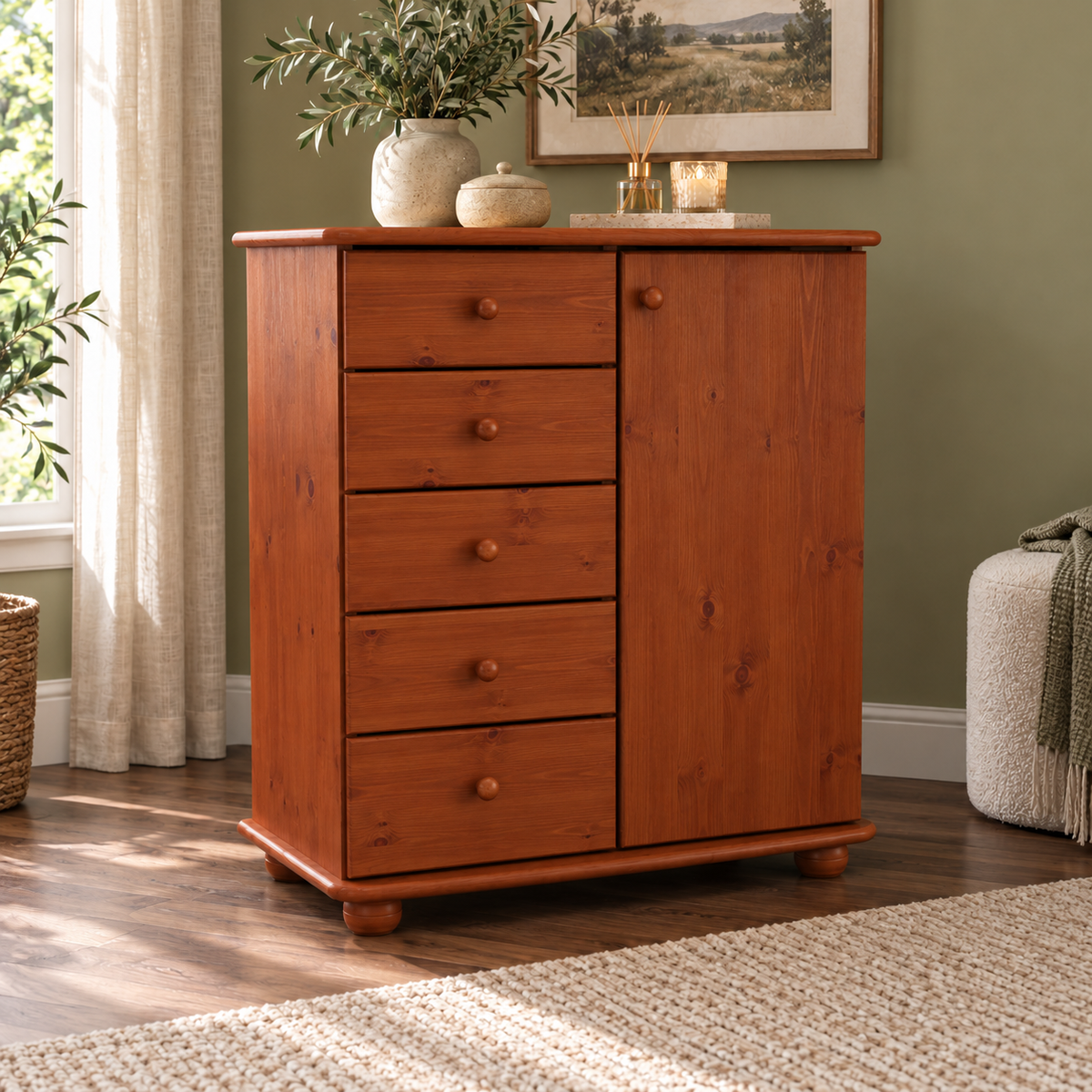 Anika Kommode Bio Kiefer Massivholz | Sideboard mit 5 Schubladen und 1 Tür