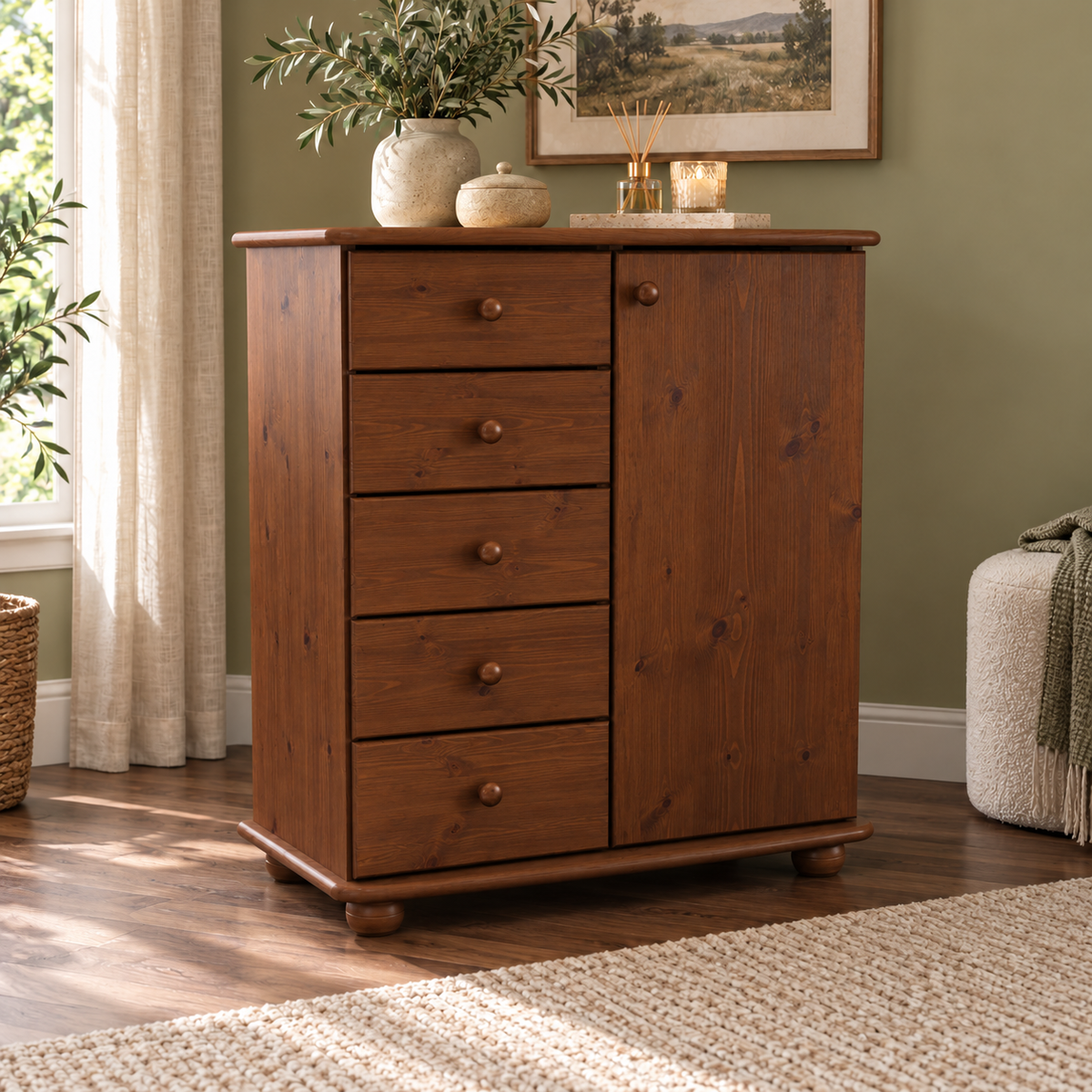 Anika Kommode Bio Kiefer Massivholz | Sideboard mit 5 Schubladen und 1 Tür