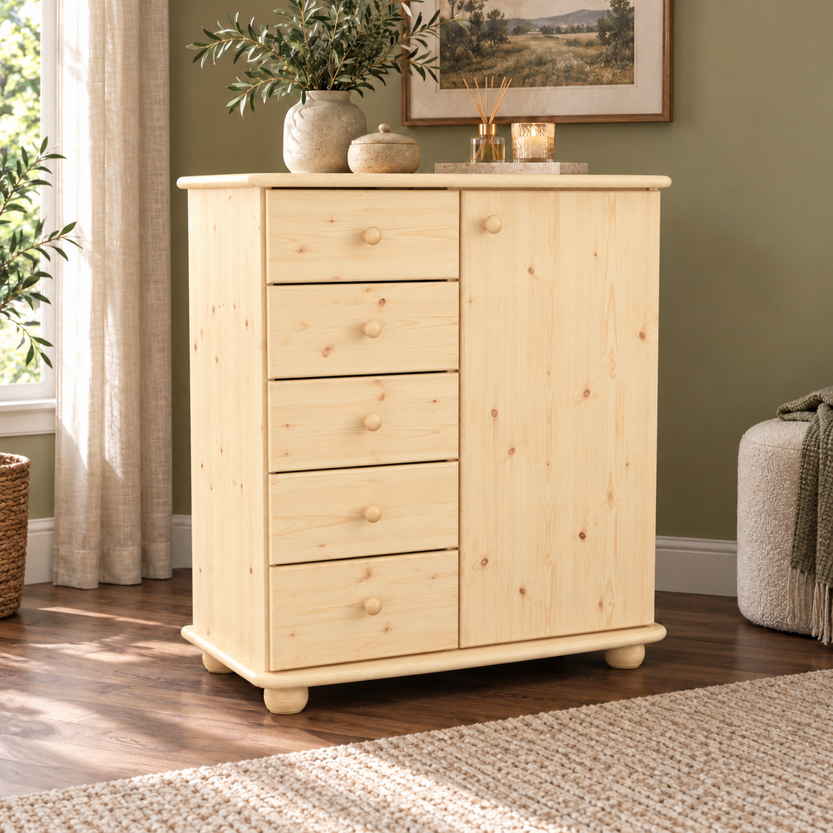 Anika Kommode Bio Kiefer Massivholz | Sideboard mit 5 Schubladen und 1 Tür