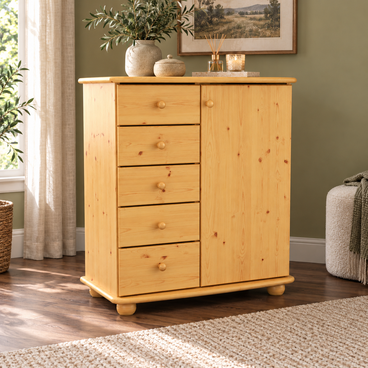 Anika Kommode Bio Kiefer Massivholz | Sideboard mit 5 Schubladen und 1 Tür
