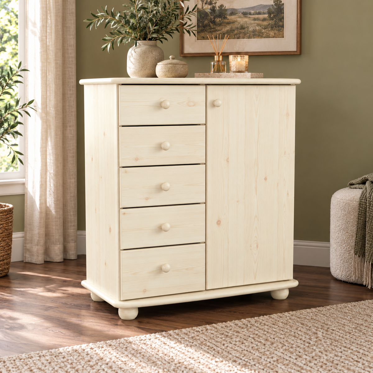 Anika Kommode Bio Kiefer Massivholz | Sideboard mit 5 Schubladen und 1 Tür
