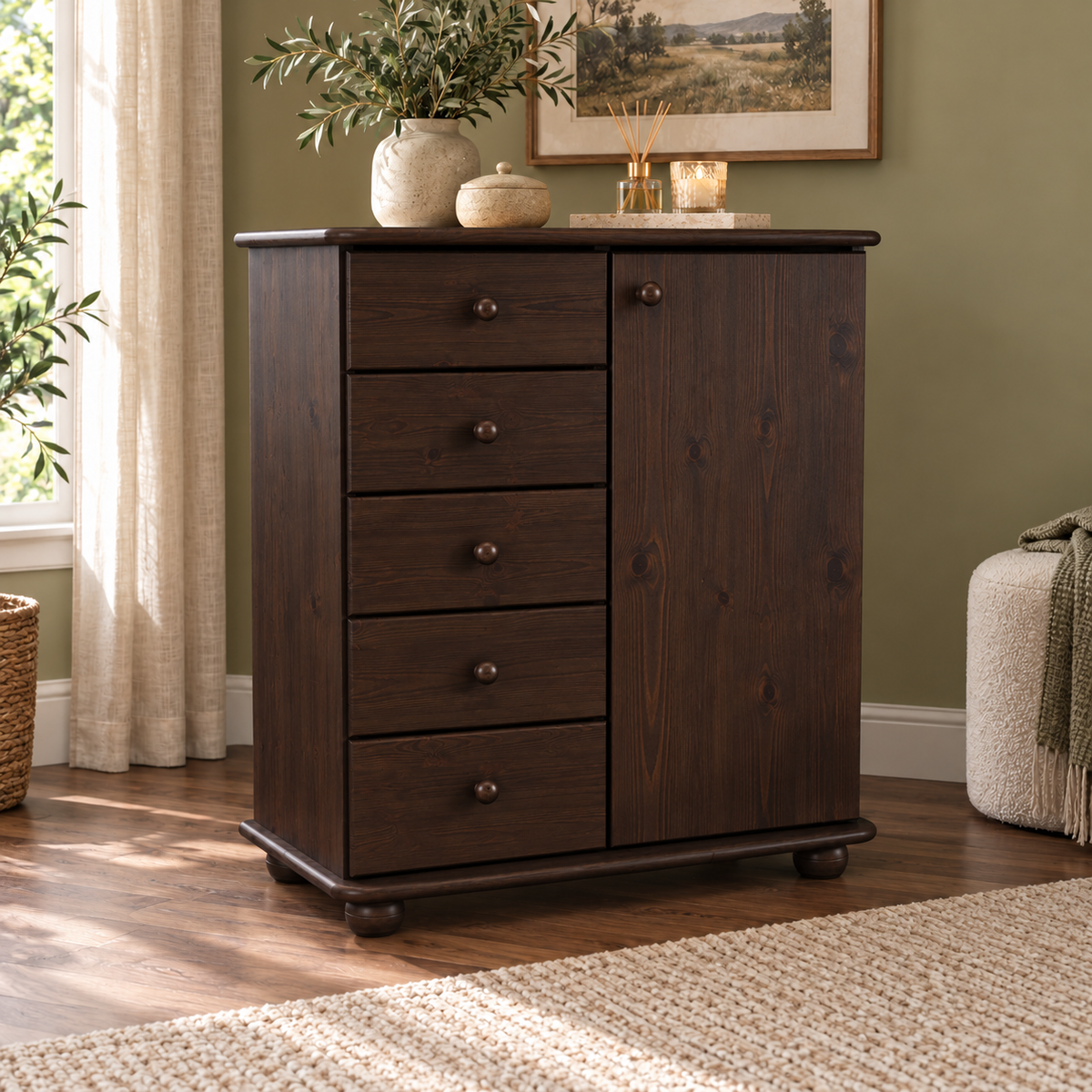 Anika Kommode Bio Kiefer Massivholz | Sideboard mit 5 Schubladen und 1 Tür