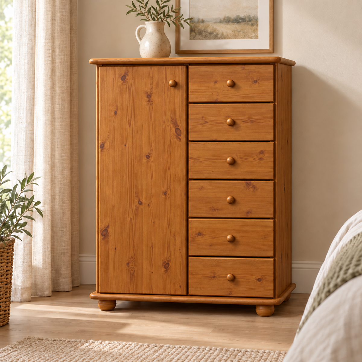 Anika Kommode 100% Bio Kiefer Massivholz | Sideboard mit 6 Schubladen und 1 Tür aus solidem Holz