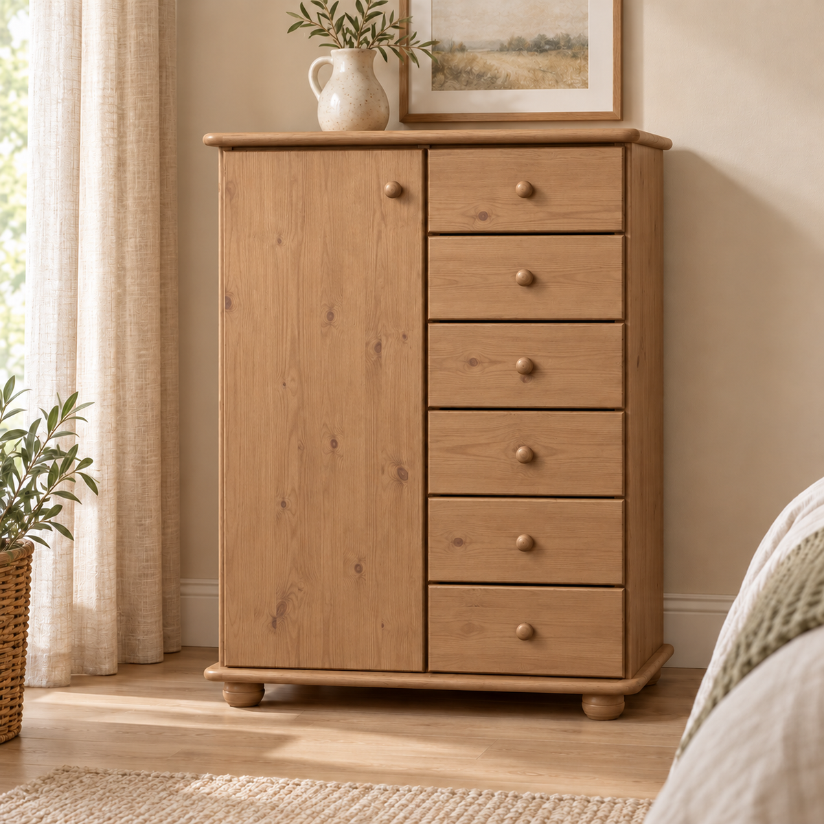 Anika Kommode 100% Bio Kiefer Massivholz | Sideboard mit 6 Schubladen und 1 Tür aus solidem Holz