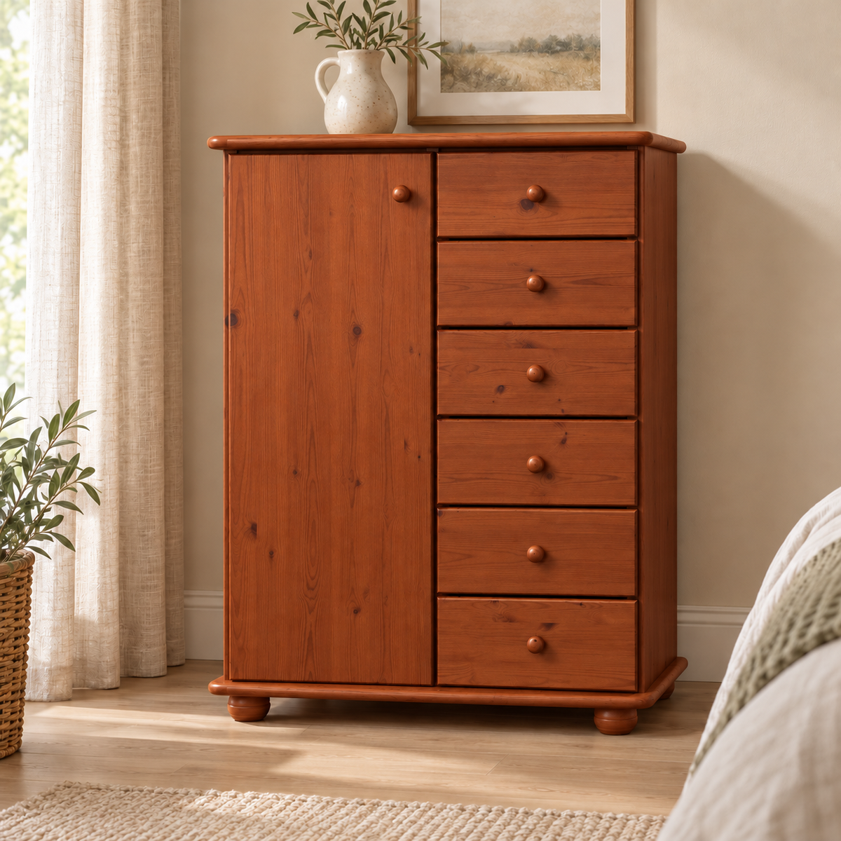 Anika Kommode 100% Bio Kiefer Massivholz | Sideboard mit 6 Schubladen und 1 Tür aus solidem Holz