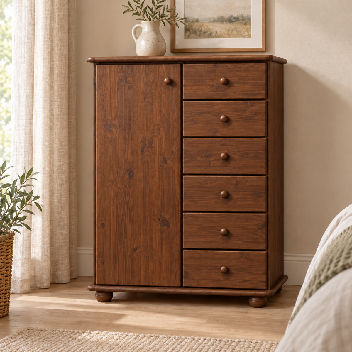 Anika Kommode 100% Bio Kiefer Massivholz | Sideboard mit 6 Schubladen und 1 Tür aus solidem Holz
