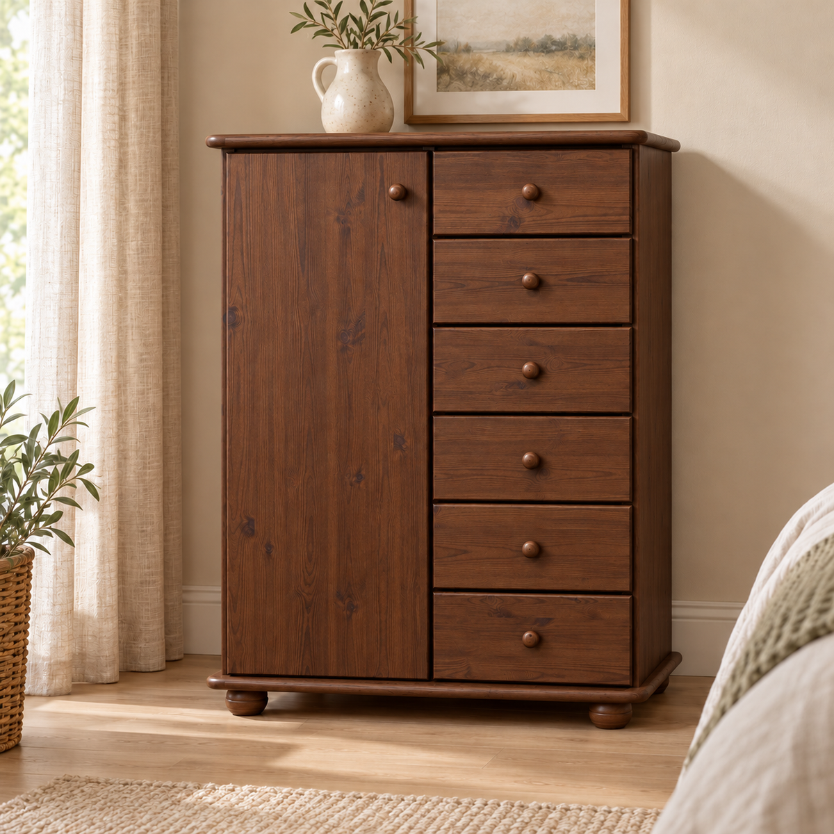 Anika Kommode 100% Bio Kiefer Massivholz | Sideboard mit 6 Schubladen und 1 Tür aus solidem Holz