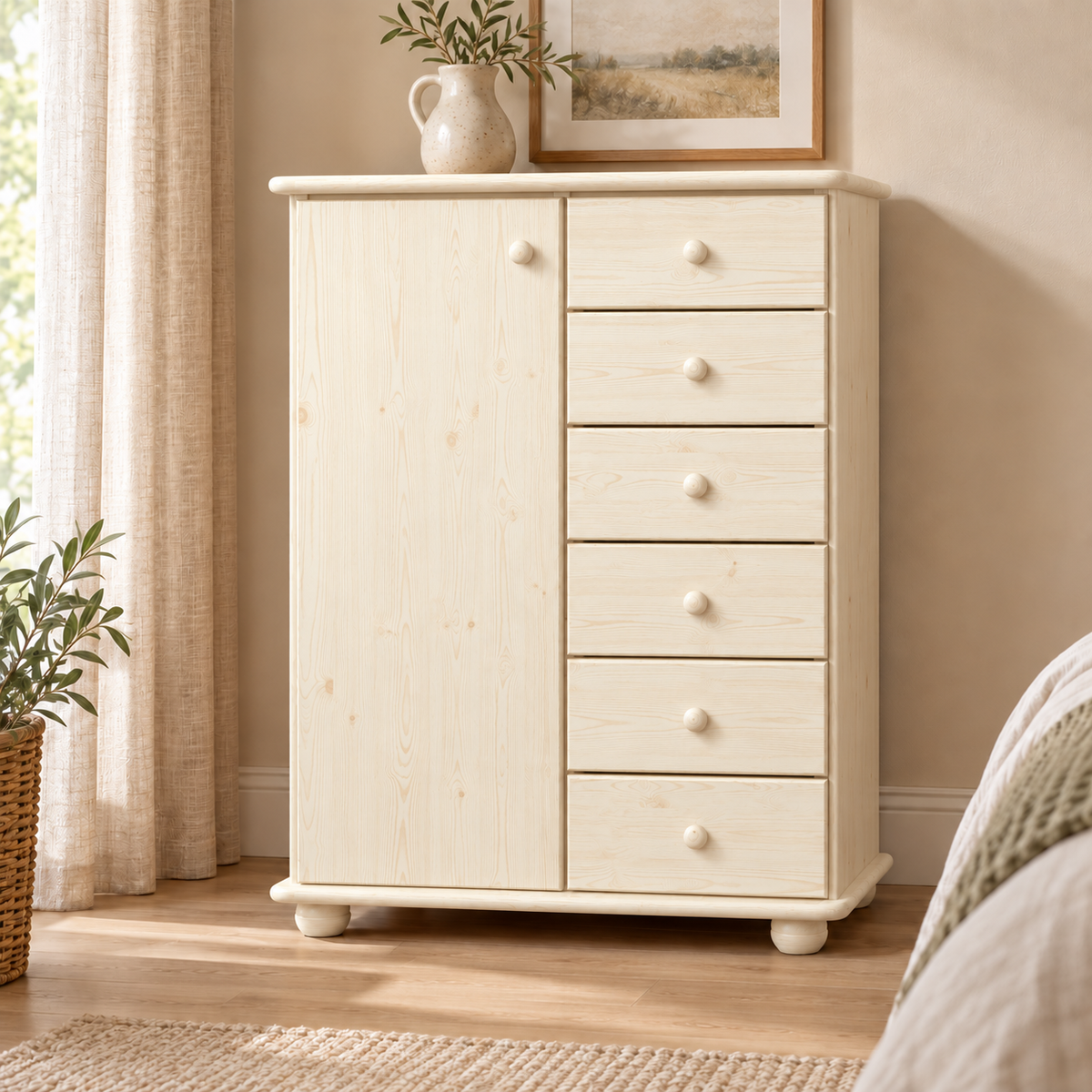 Anika Kommode 100% Bio Kiefer Massivholz | Sideboard mit 6 Schubladen und 1 Tür aus solidem Holz