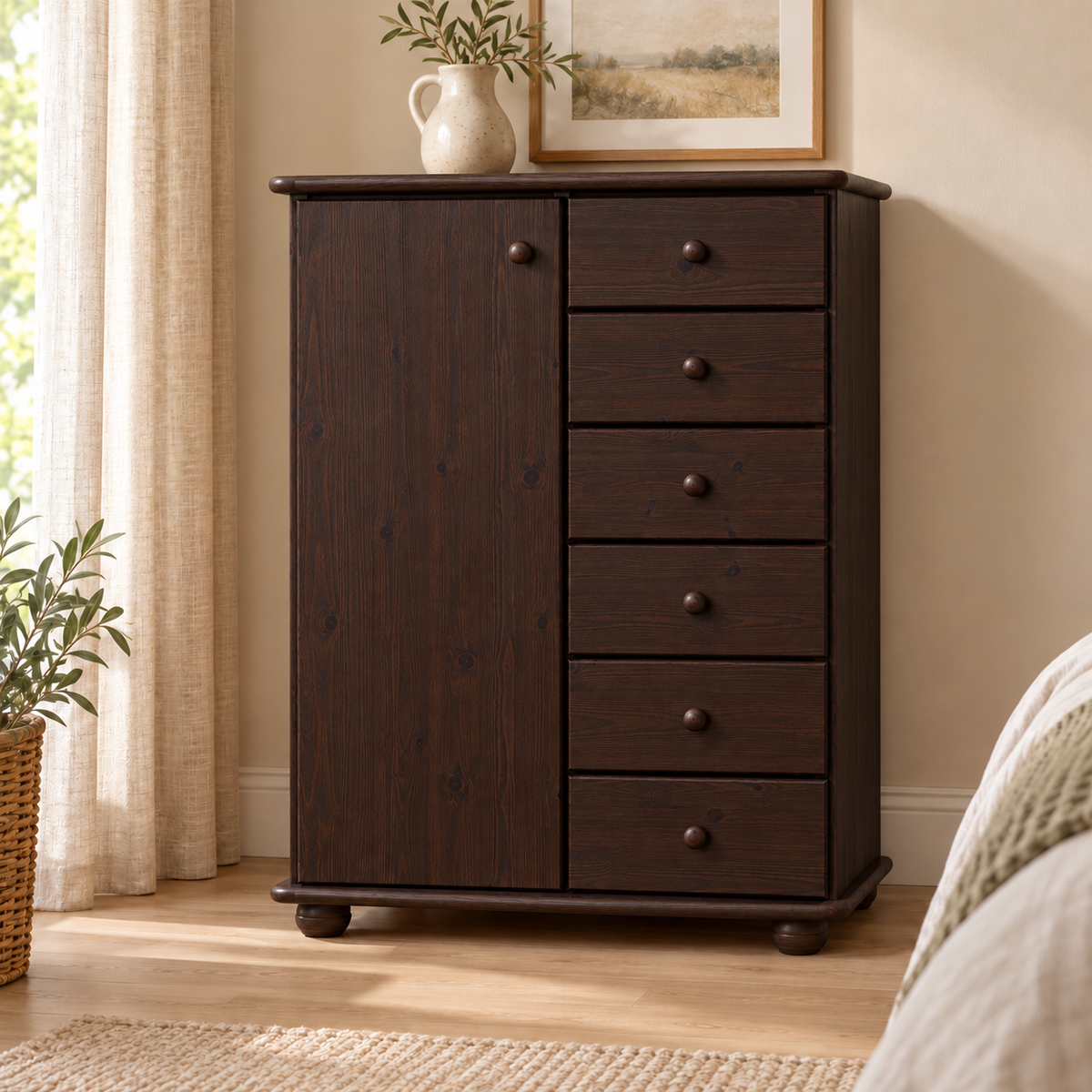 Anika Kommode 100% Bio Kiefer Massivholz | Sideboard mit 6 Schubladen und 1 Tür aus solidem Holz
