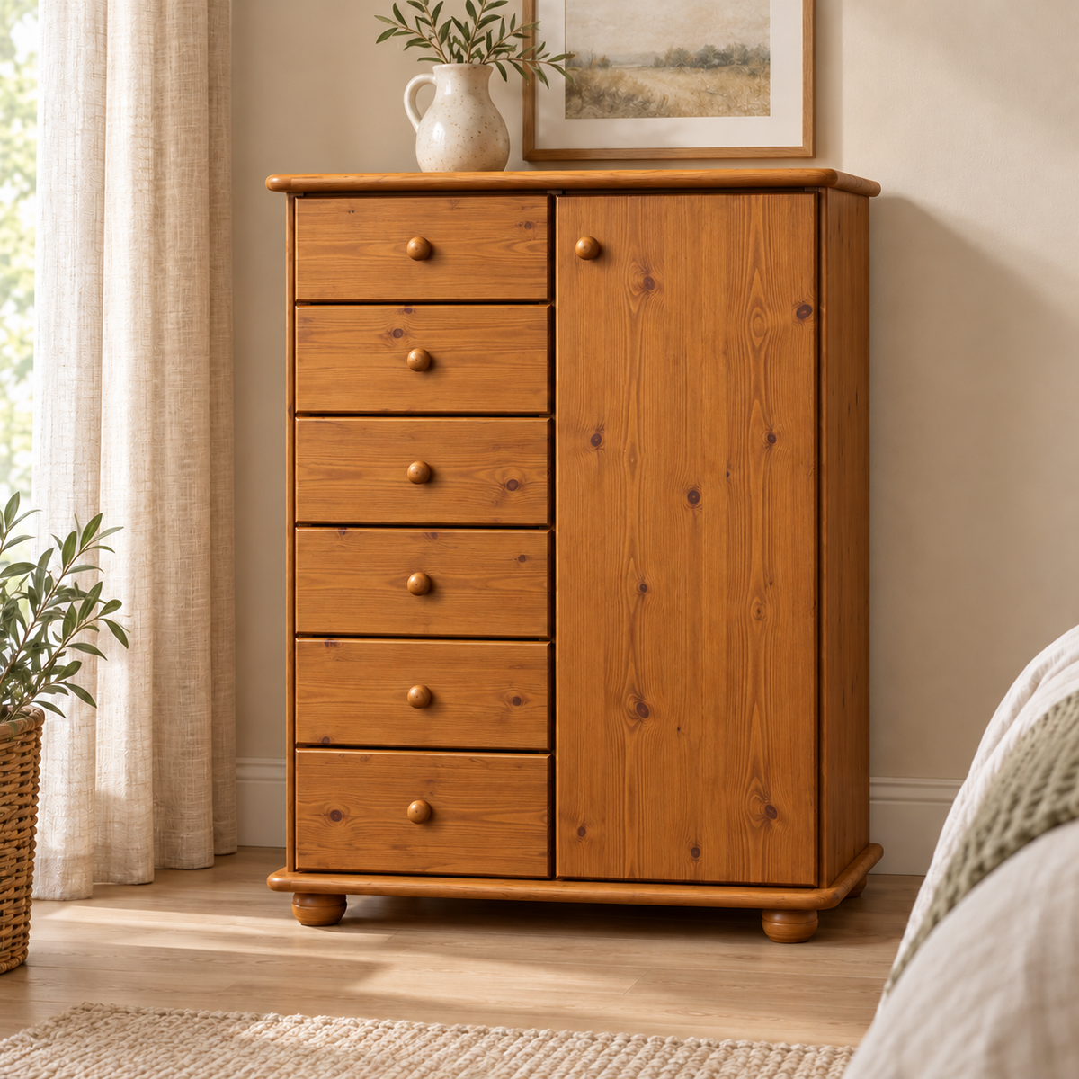 Anika Kommode 100% Bio Kiefer Massivholz | Sideboard mit 6 Schubladen und 1 Tür aus solidem Holz
