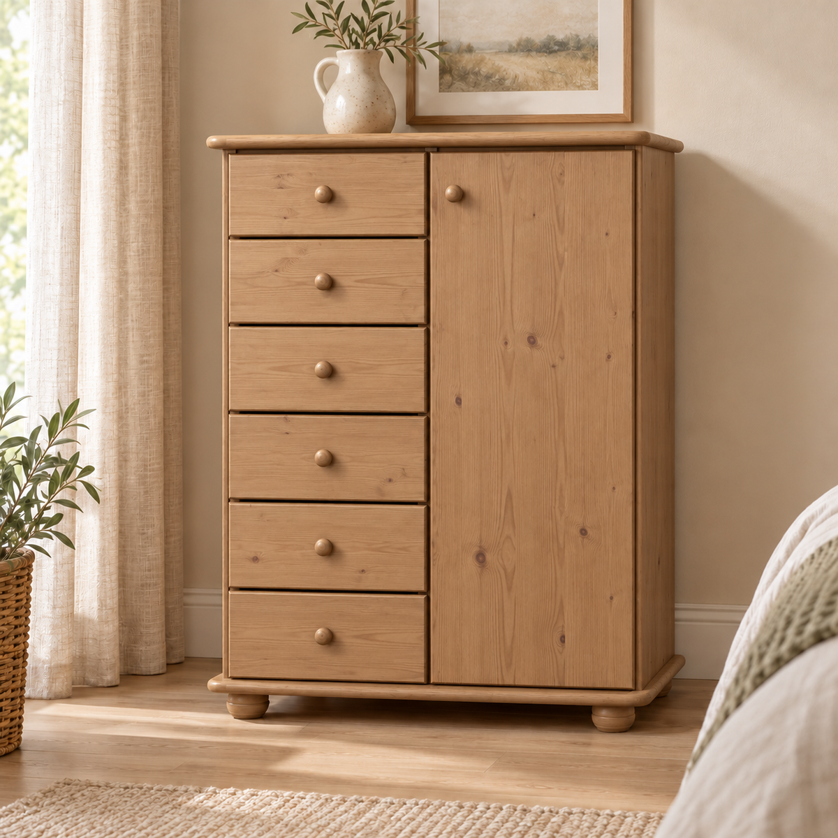 Anika Kommode 100% Bio Kiefer Massivholz | Sideboard mit 6 Schubladen und 1 Tür aus solidem Holz