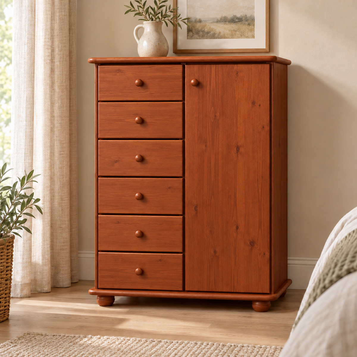 Anika Kommode 100% Bio Kiefer Massivholz | Sideboard mit 6 Schubladen und 1 Tür aus solidem Holz