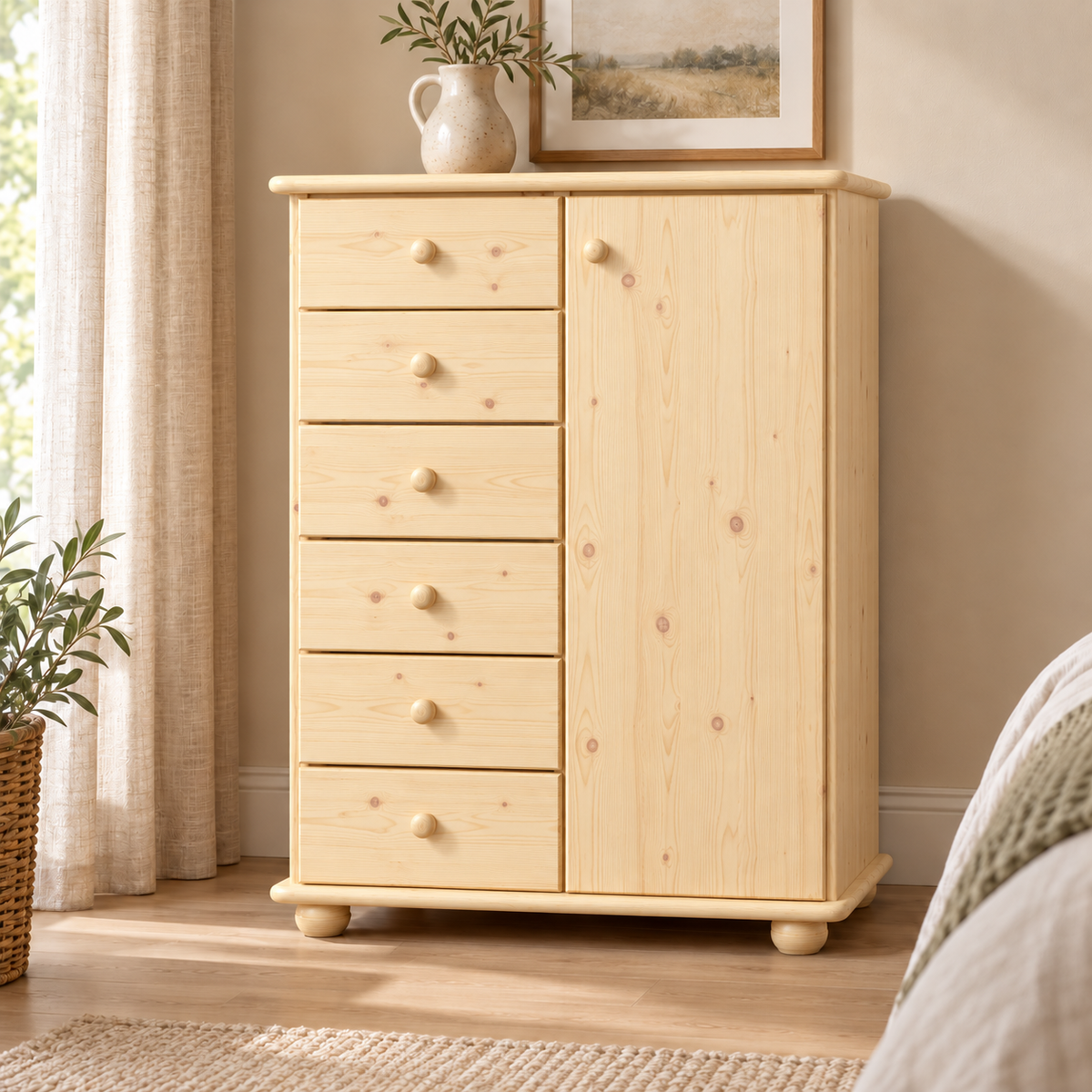 Anika Kommode 100% Bio Kiefer Massivholz | Sideboard mit 6 Schubladen und 1 Tür aus solidem Holz