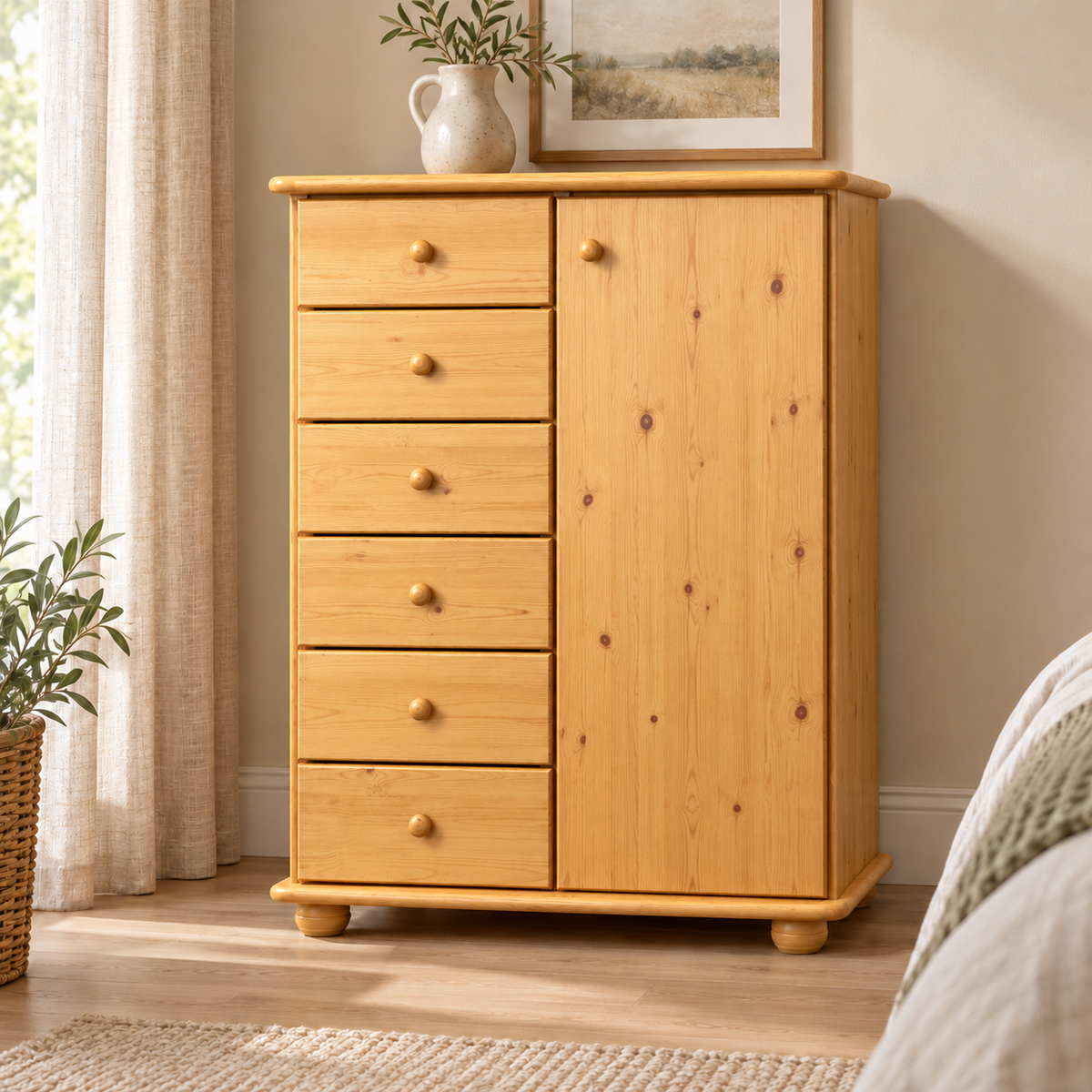 Anika Kommode 100% Bio Kiefer Massivholz | Sideboard mit 6 Schubladen und 1 Tür aus solidem Holz