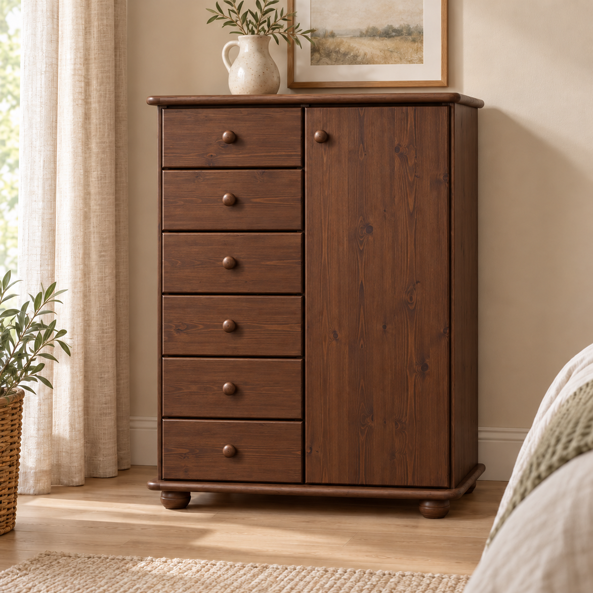 Anika Kommode 100% Bio Kiefer Massivholz | Sideboard mit 6 Schubladen und 1 Tür aus solidem Holz