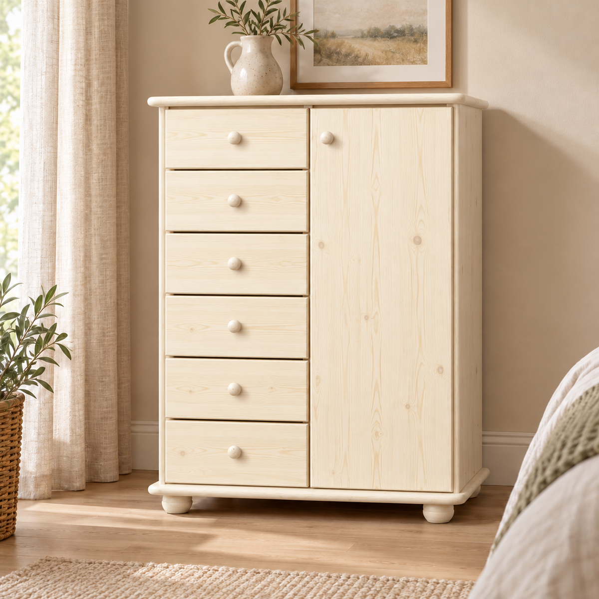 Anika Kommode 100% Bio Kiefer Massivholz | Sideboard mit 6 Schubladen und 1 Tür aus solidem Holz