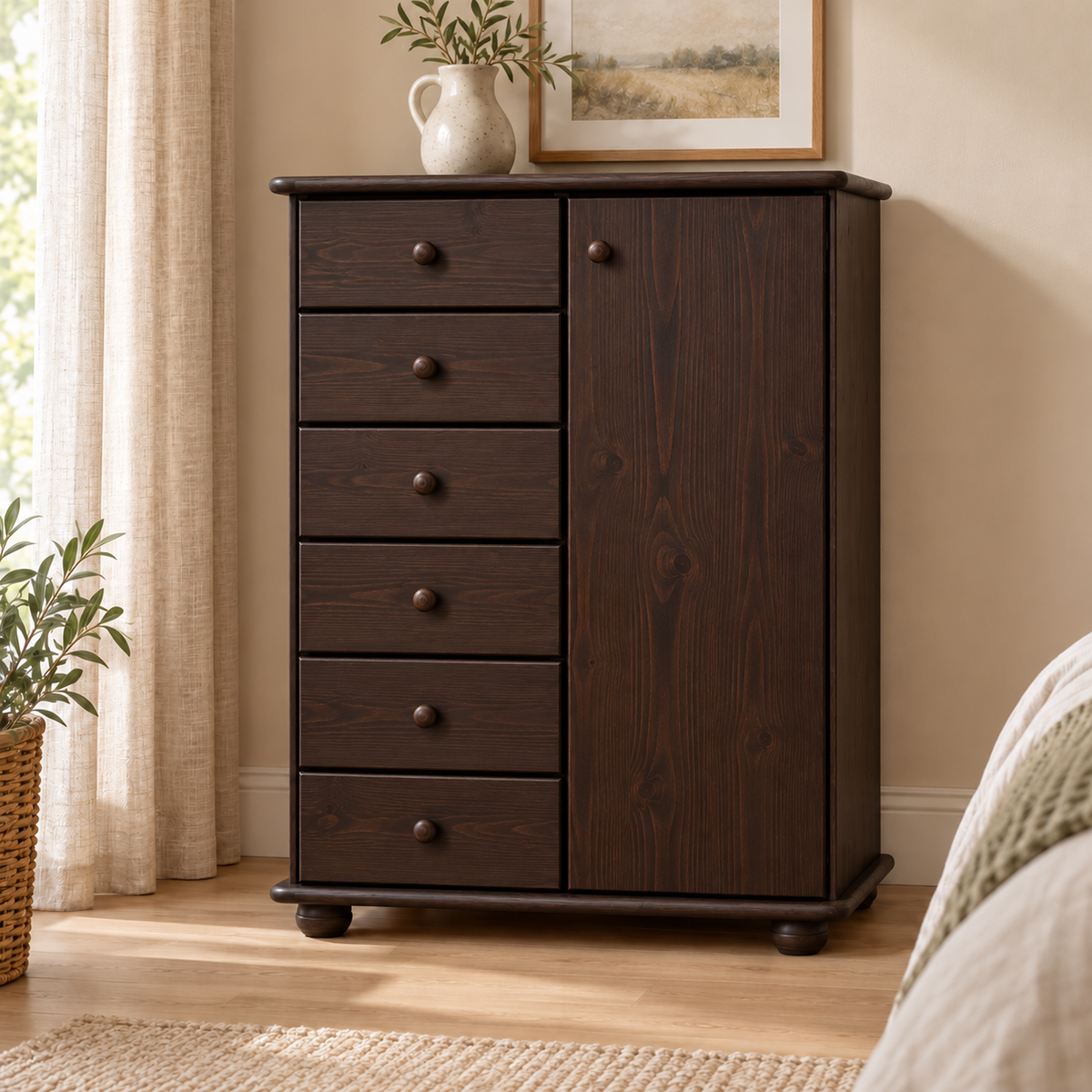 Anika Kommode 100% Bio Kiefer Massivholz | Sideboard mit 6 Schubladen und 1 Tür aus solidem Holz