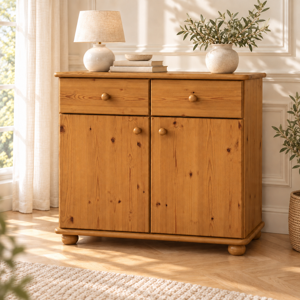 Claudia Kommode Bio Kiefer Massivholz | Sideboard Anrichte | 2-Türig mit 2-Schubladen