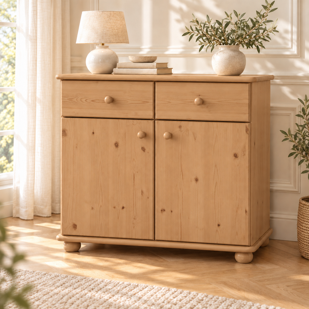 Claudia Kommode Bio Kiefer Massivholz | Sideboard Anrichte | 2-Türig mit 2-Schubladen