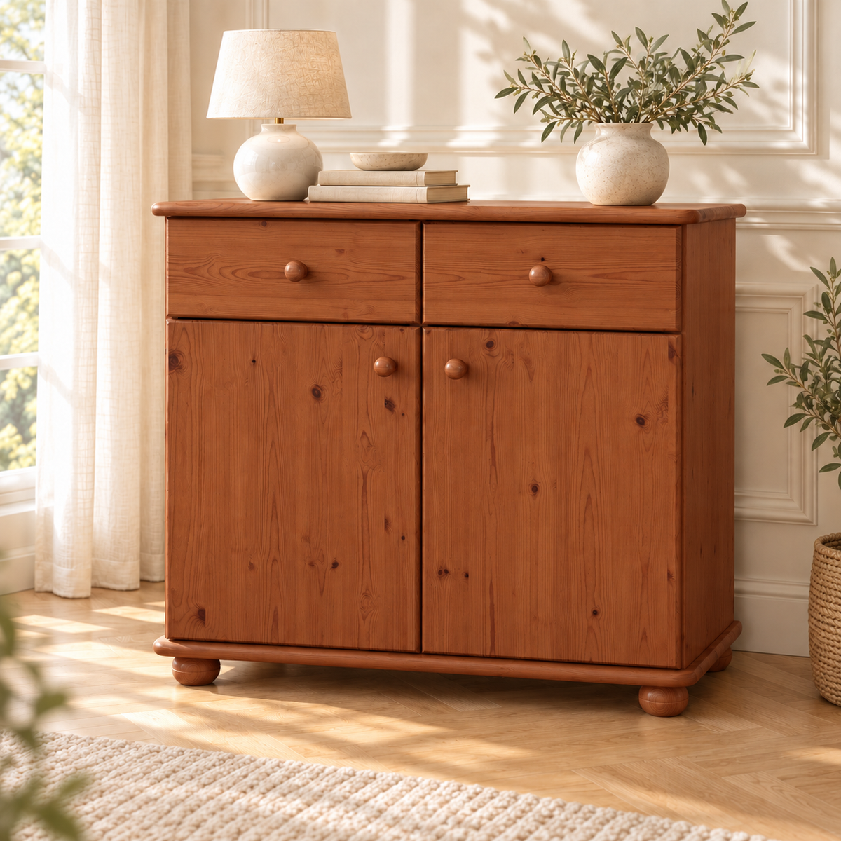 Claudia Kommode Bio Kiefer Massivholz | Sideboard Anrichte | 2-Türig mit 2-Schubladen