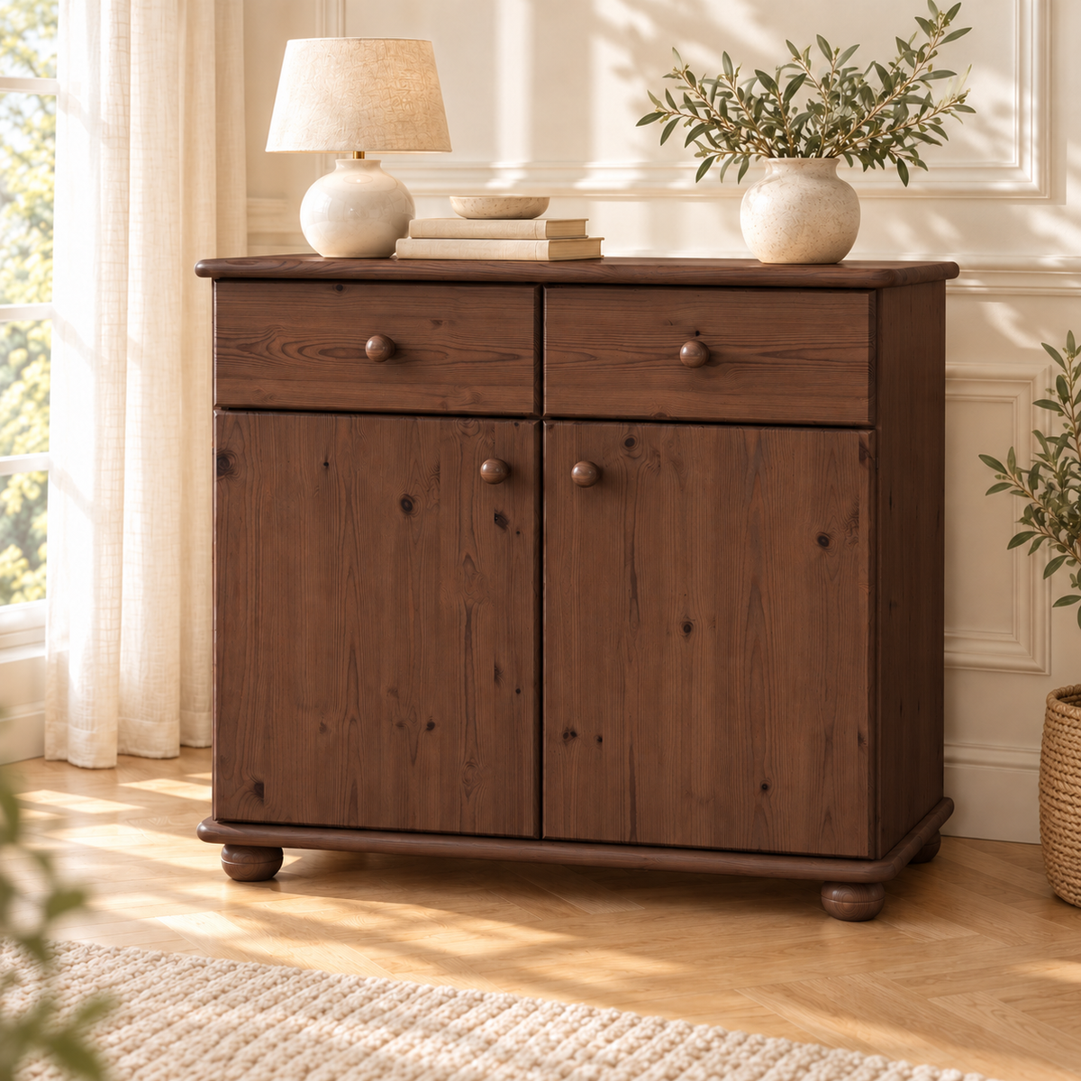 Claudia Kommode Bio Kiefer Massivholz | Sideboard Anrichte | 2-Türig mit 2-Schubladen