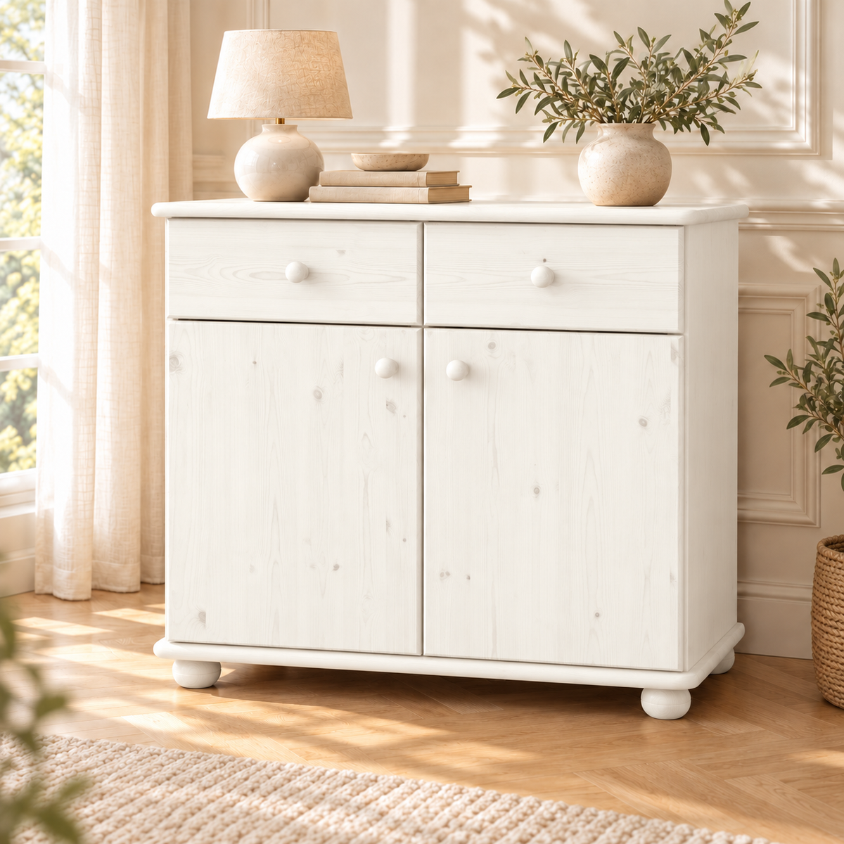 Claudia Kommode Bio Kiefer Massivholz | Sideboard Anrichte | 2-Türig mit 2-Schubladen