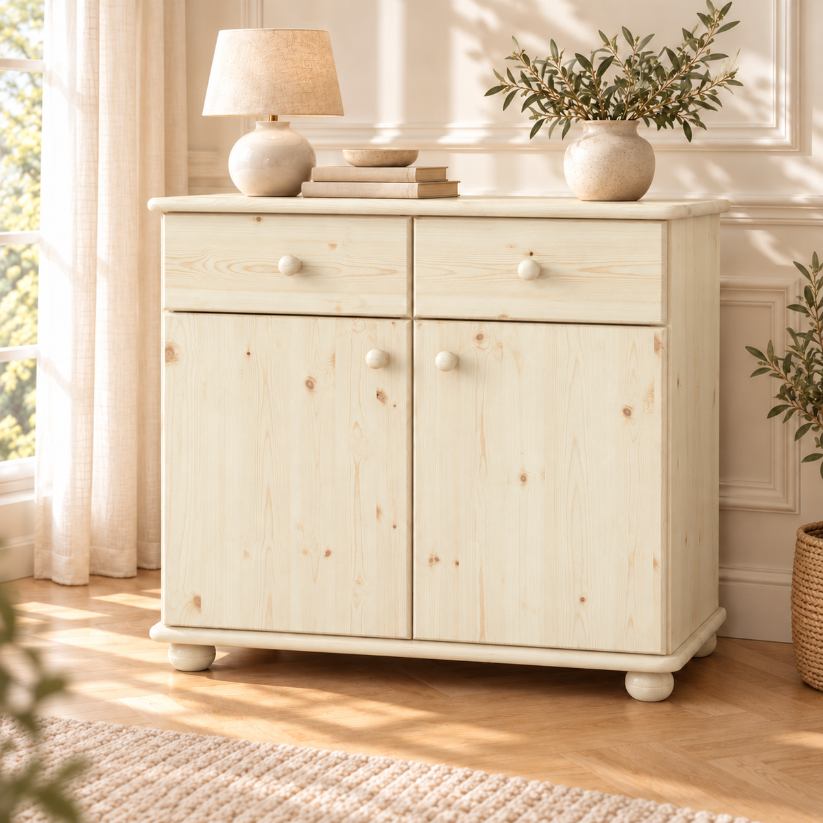 Claudia Kommode Bio Kiefer Massivholz | Sideboard Anrichte | 2-Türig mit 2-Schubladen