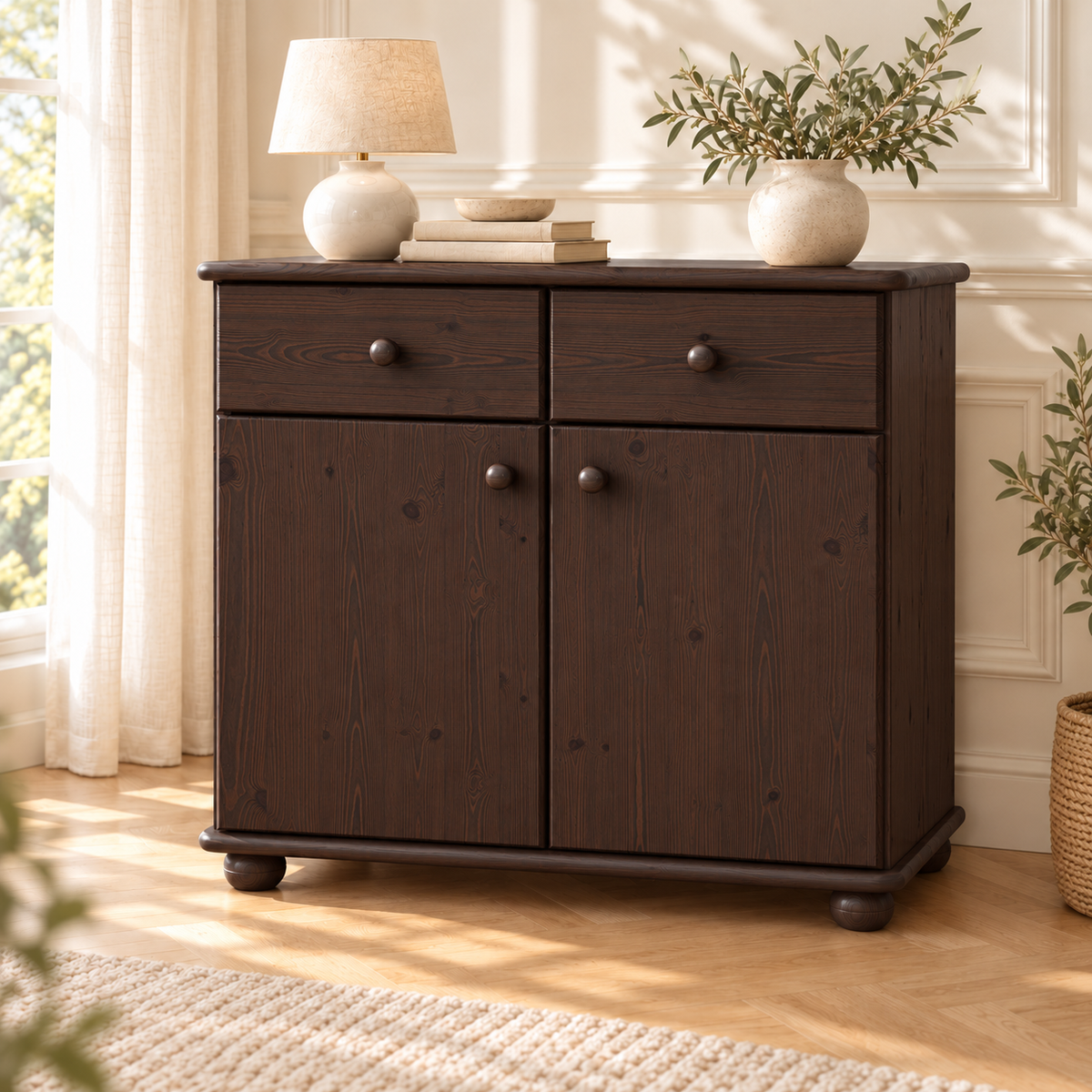Claudia Kommode Bio Kiefer Massivholz | Sideboard Anrichte | 2-Türig mit 2-Schubladen
