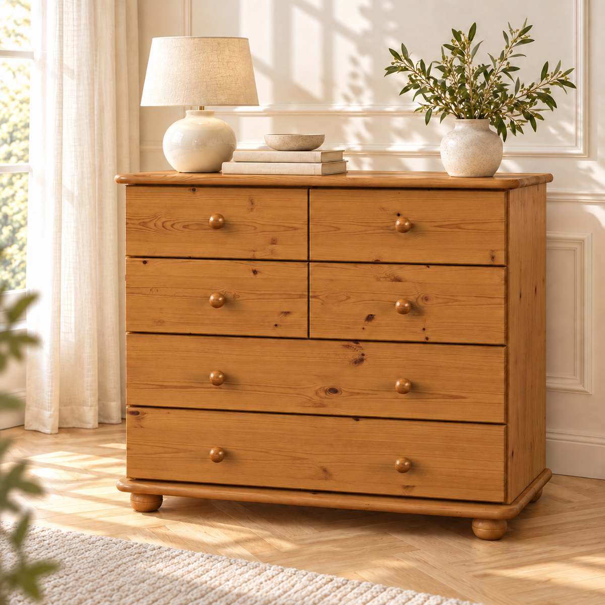 Claudia Kommode Bio Kiefer Massivholz | Sideboard mit 6 Schubladen | Anrichte aus 100% nachhaltigem Holz