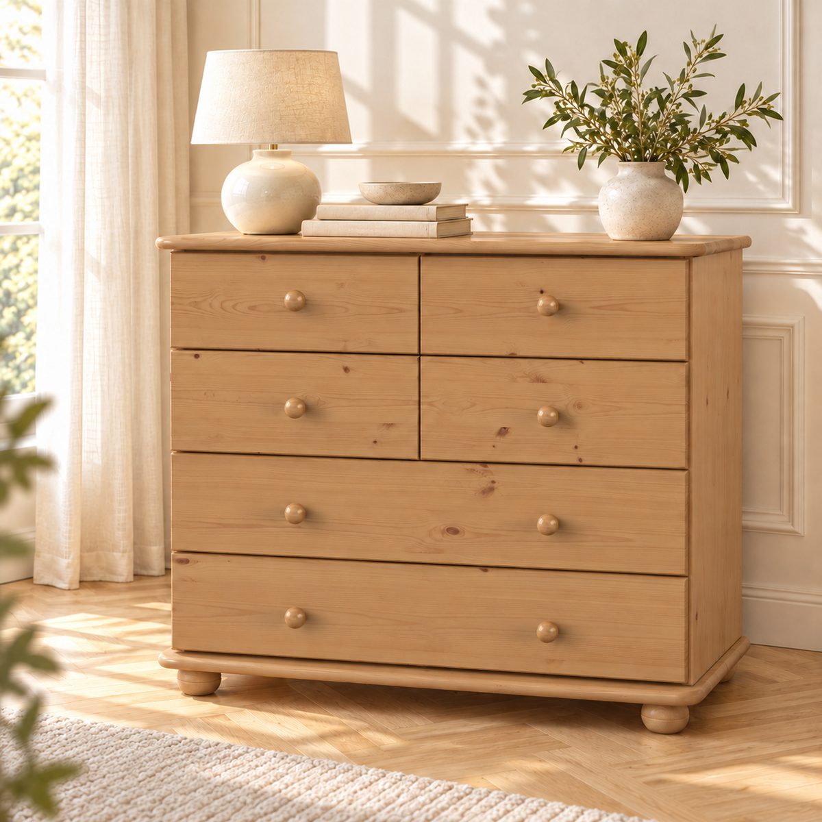 Claudia Kommode Bio Kiefer Massivholz | Sideboard mit 6 Schubladen | Anrichte aus 100% nachhaltigem Holz