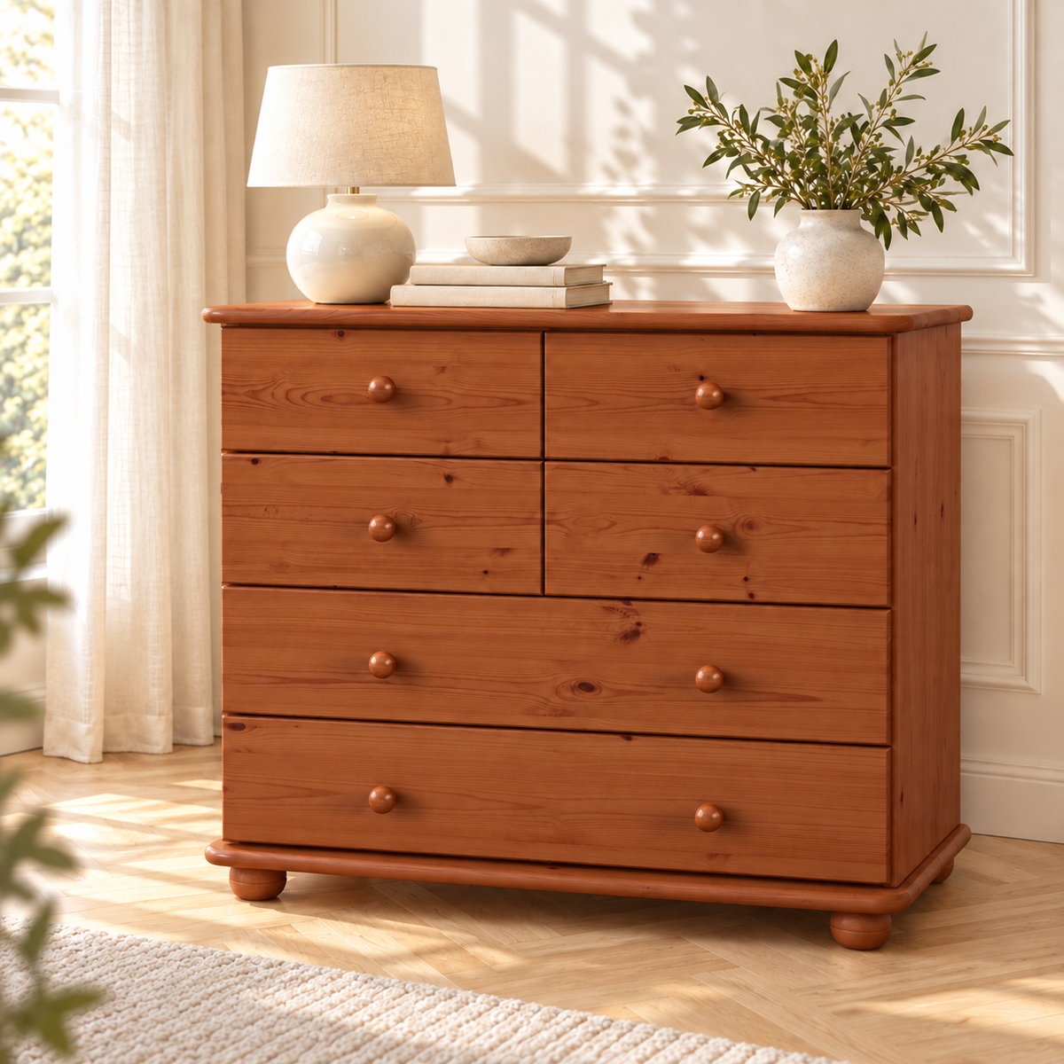 Claudia Kommode Bio Kiefer Massivholz | Sideboard mit 6 Schubladen | Anrichte aus 100% nachhaltigem Holz