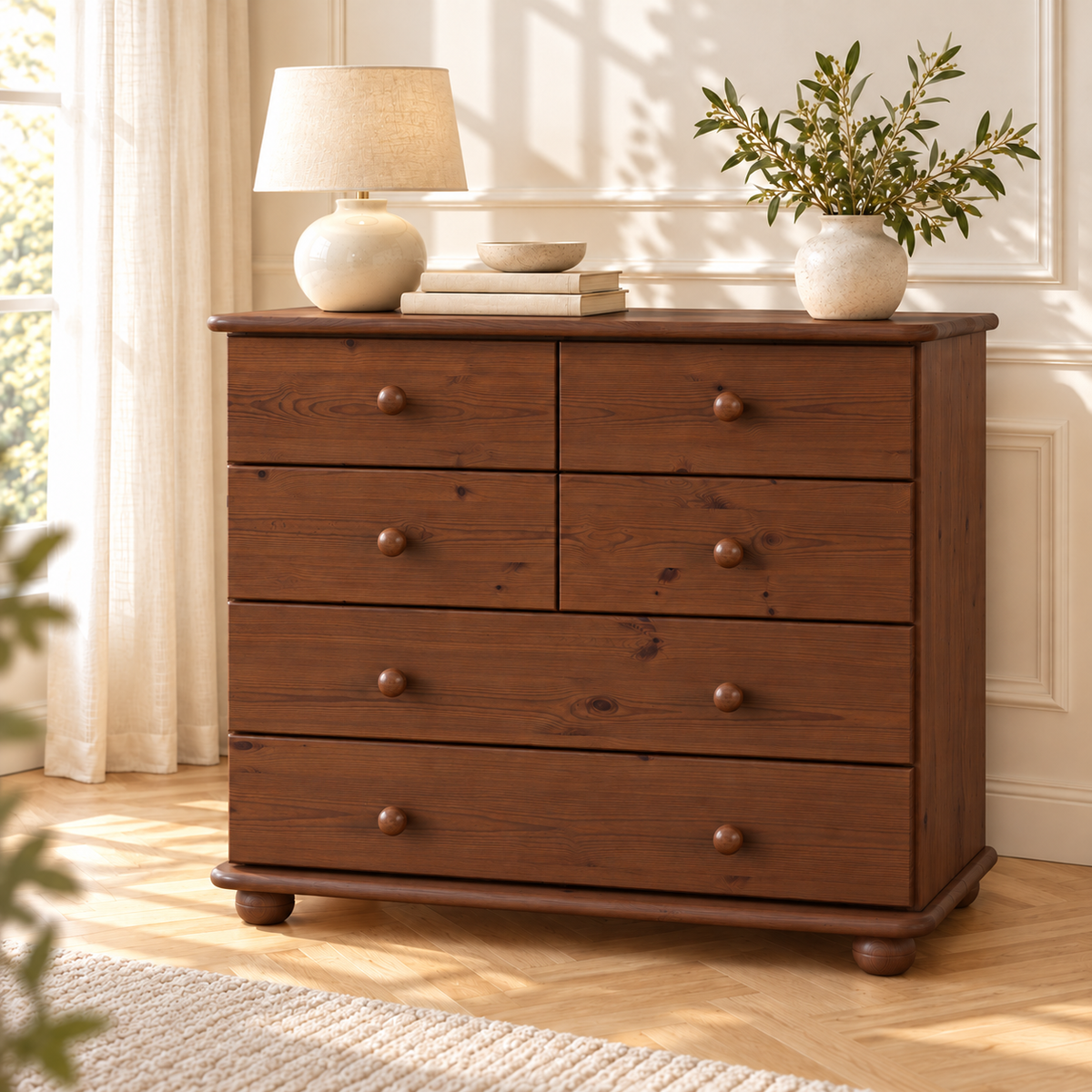 Claudia Kommode Bio Kiefer Massivholz | Sideboard mit 6 Schubladen | Anrichte aus 100% nachhaltigem Holz