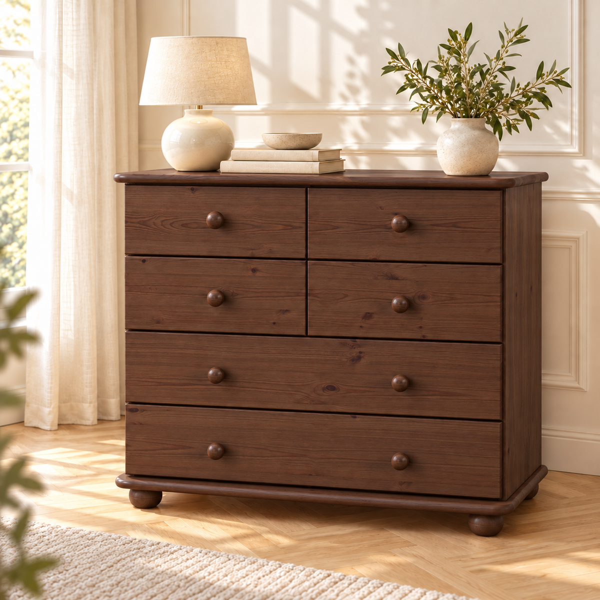 Claudia Kommode Bio Kiefer Massivholz | Sideboard mit 6 Schubladen | Anrichte aus 100% nachhaltigem Holz