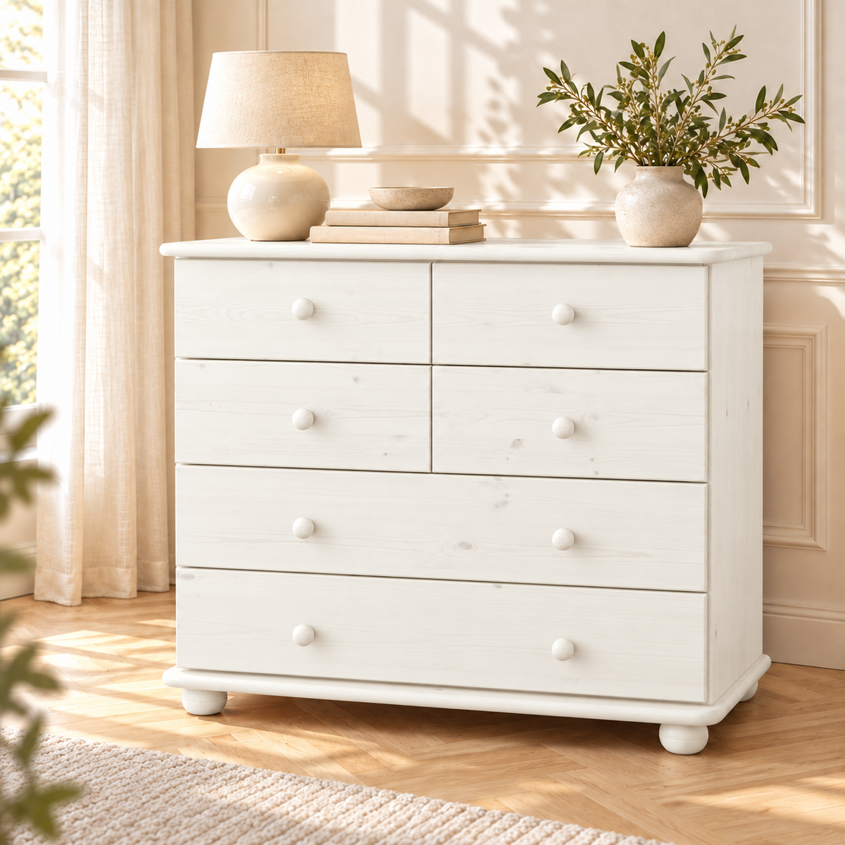 Claudia Kommode Bio Kiefer Massivholz | Sideboard mit 6 Schubladen | Anrichte aus 100% nachhaltigem Holz