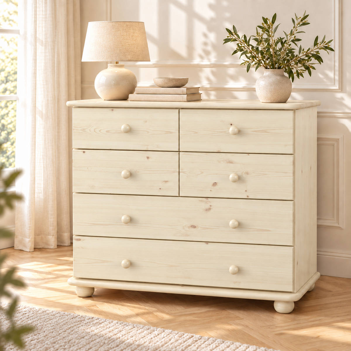 Claudia Kommode Bio Kiefer Massivholz | Sideboard mit 6 Schubladen | Anrichte aus 100% nachhaltigem Holz
