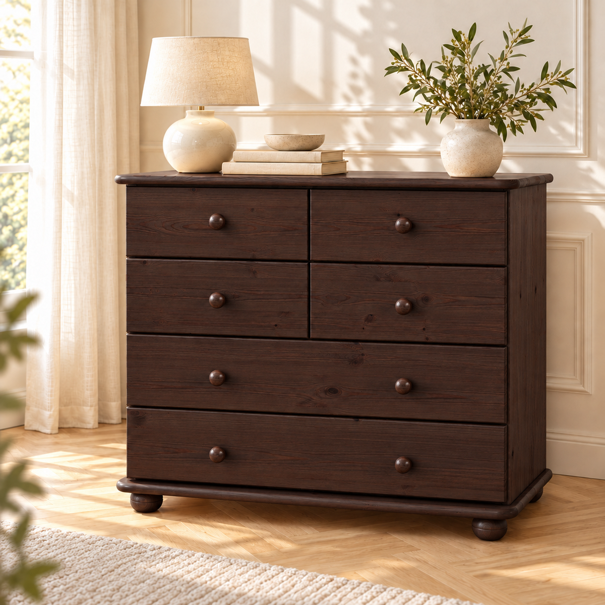 Claudia Kommode Bio Kiefer Massivholz | Sideboard mit 6 Schubladen | Anrichte aus 100% nachhaltigem Holz