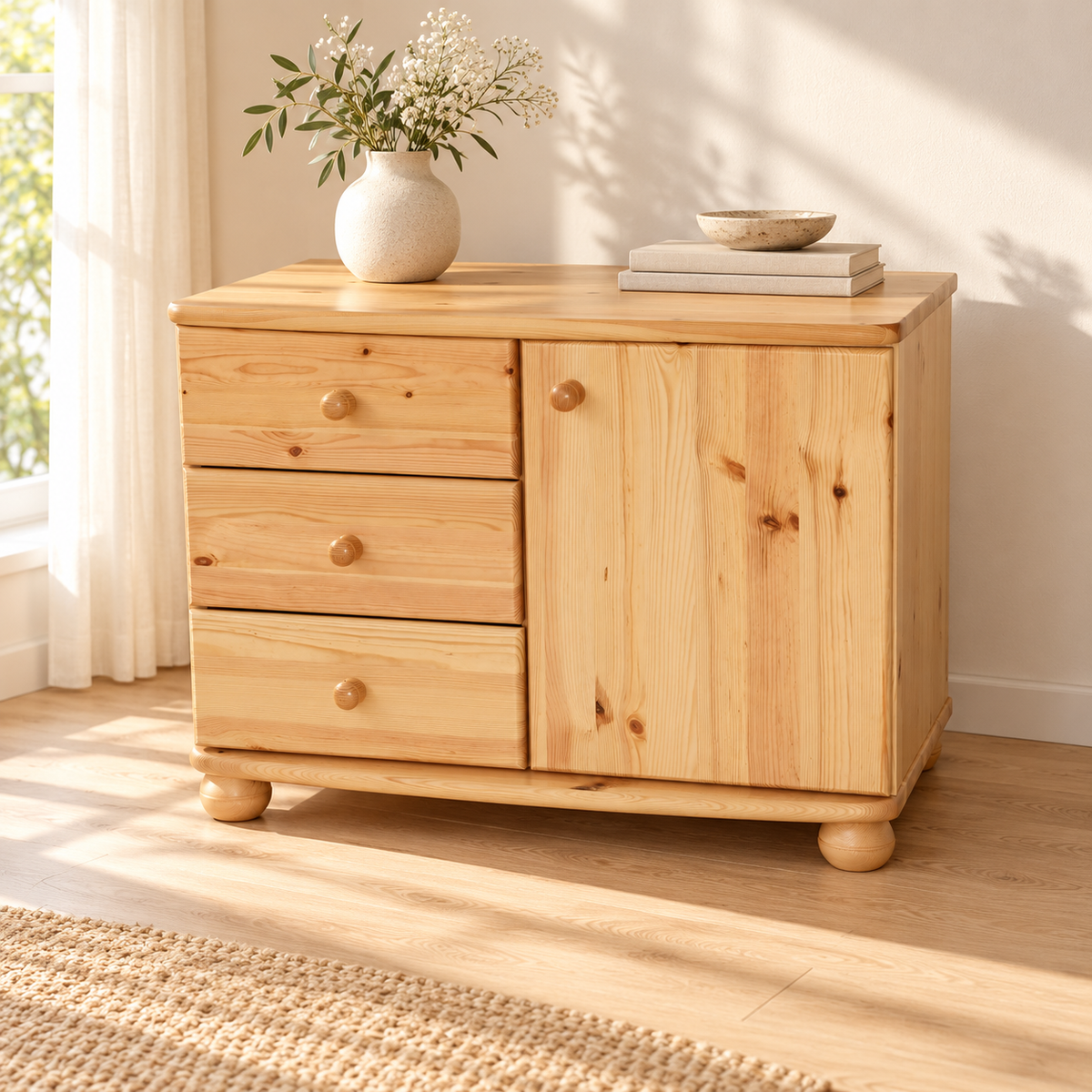 Eva Kommode Sideboard | Anrichte | 1-Türig 3-Schubladen | 100% Bio Massivholz