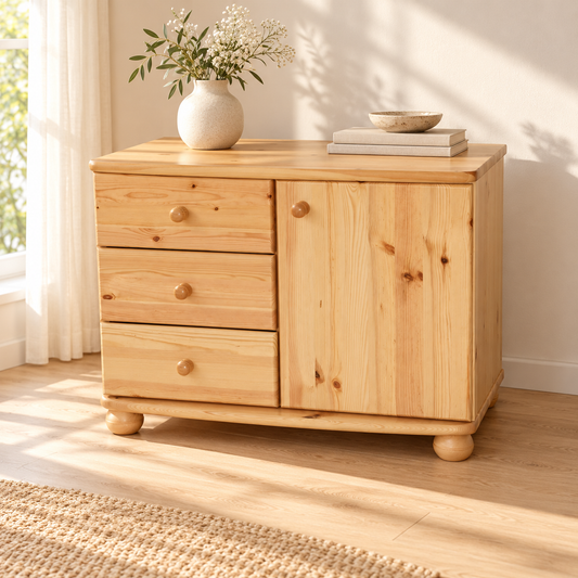 Eva Kommode Sideboard | Anrichte | 1-Türig 3-Schubladen | 100% Bio Massivholz