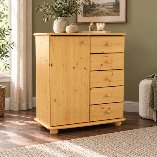 Anika Kommode Bio Kiefer Massivholz | Sideboard mit 5 Schubladen und 1 Tür