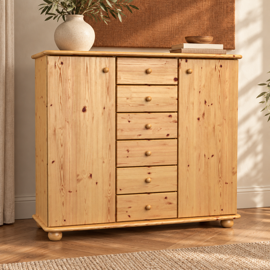 Anika Kommode Bio Kiefer Massivholz | 2-Türig Sideboard mit 6 Schubladen