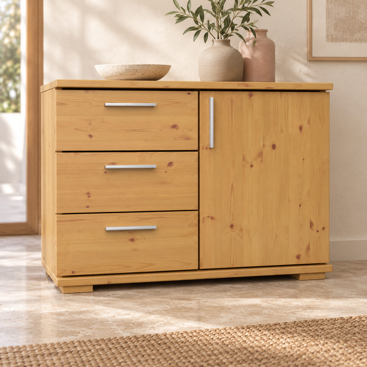 Nobis Kommode Bio Kiefer Massivholz 1-türig mit 3 Schubladen - 57 cm