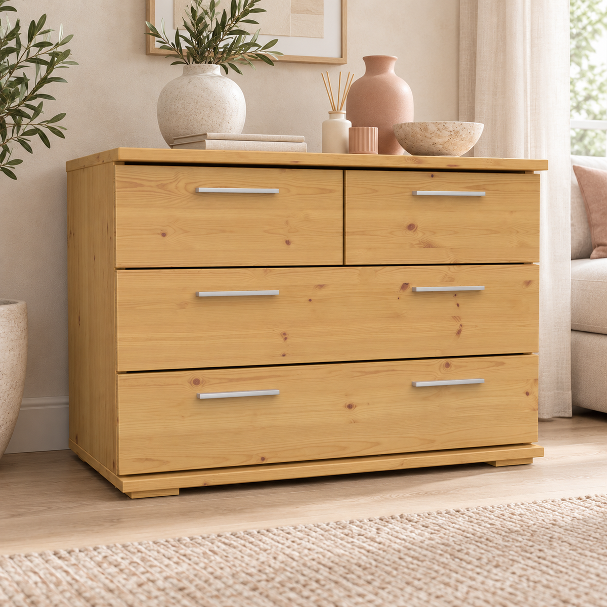 Nobis Kommode aus Bio Kiefer | Sideboard | Anrichte mit 4 Schubladen | 57 cm hoch | 100% Massivholz