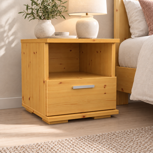Nobis Kiefer Massivholz Nachttisch mit 1 Schublade und Regal | 100% Bio Kiefer