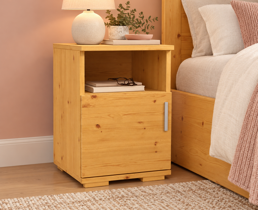 Nobis Kiefer Nachttisch 100% Bio | Massivholz Nachtschrank mit 1 Tür und 1 Regal