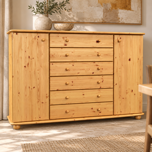 Anika Kommode XL Kiefer Massivholz | Sideboard mit 2 Türen & 6 Schubladen | 100% Bio Qualität