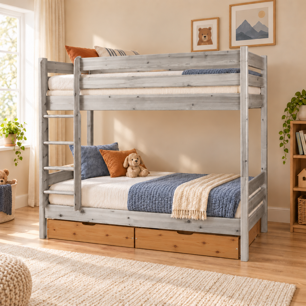 Bettkasten Geschwisterbett 90x200 cm | Leo Hochbett mit 2 Etagen für Kinder | Zwillingsbett 2x90x200 cm