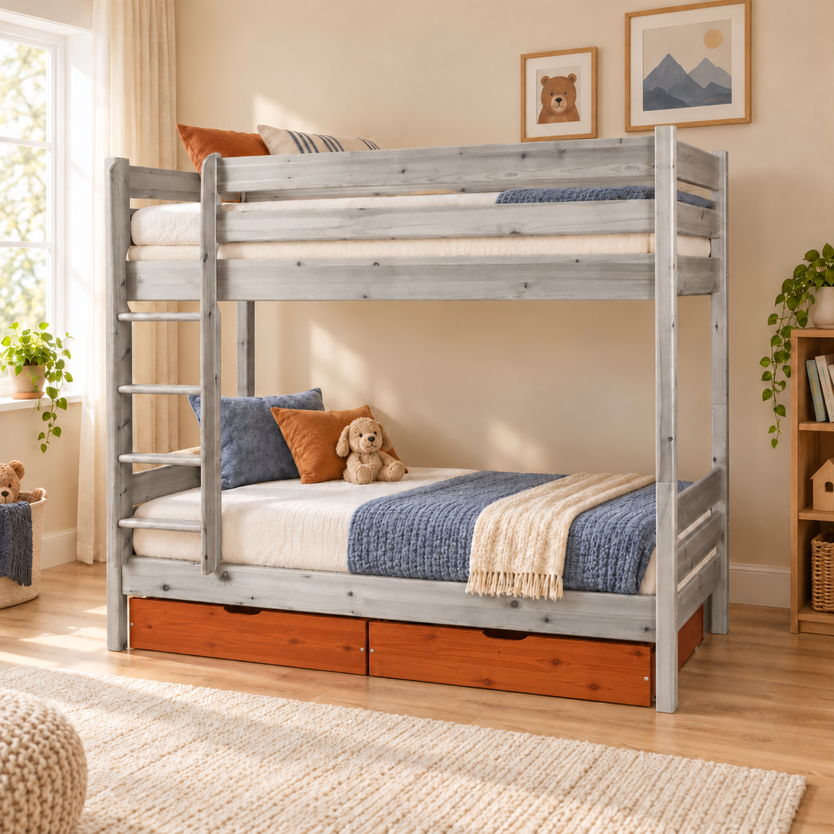 Bettkasten Geschwisterbett 90x200 cm | Leo Hochbett mit 2 Etagen für Kinder | Zwillingsbett 2x90x200 cm
