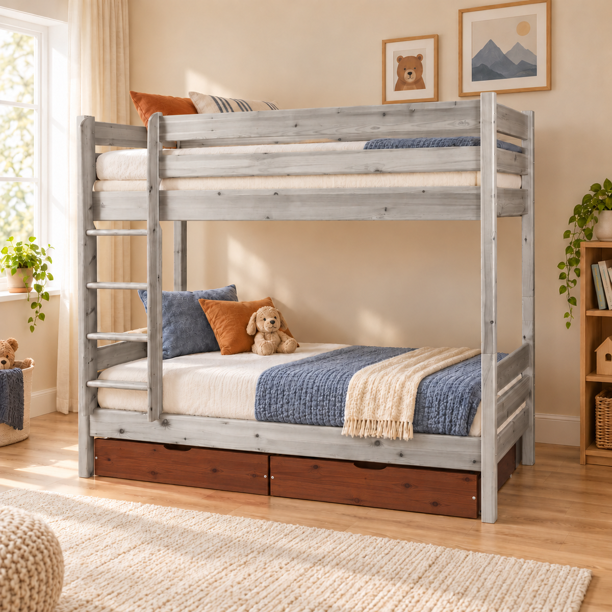Bettkasten Geschwisterbett 90x200 cm | Leo Hochbett mit 2 Etagen für Kinder | Zwillingsbett 2x90x200 cm