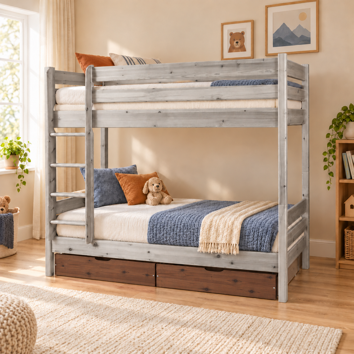 Bettkasten Geschwisterbett 90x200 cm | Leo Hochbett mit 2 Etagen für Kinder | Zwillingsbett 2x90x200 cm