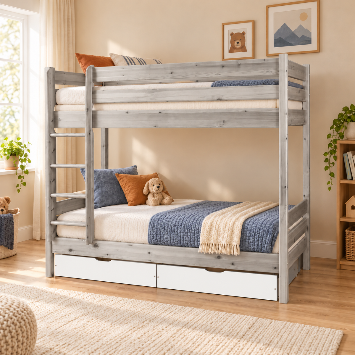 Bettkasten Geschwisterbett 90x200 cm | Leo Hochbett mit 2 Etagen für Kinder | Zwillingsbett 2x90x200 cm